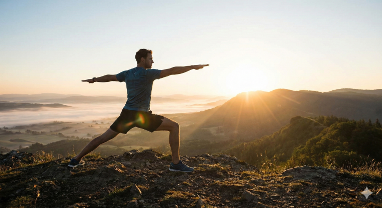 man doing yoga with sunny mountain ocean view